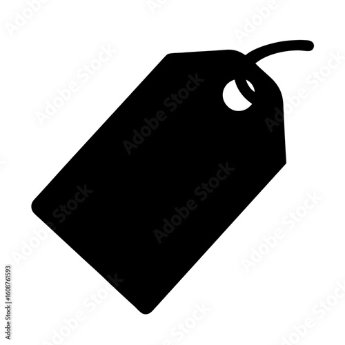 Black rectangular price tag with rounded corners and looped string on white