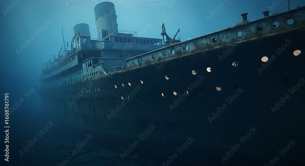 Fototapeta premium Underwater Shipwreck on Ocean Floor – Sunken Vessel in Deep Sea