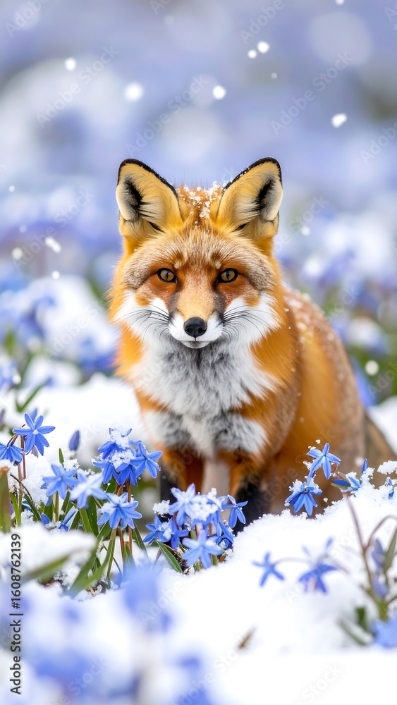 Fototapeta premium Winter fox amidst blue flowers