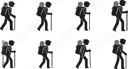 Youth Hiking Silhouette Icon Set – Black Vector Illustrations