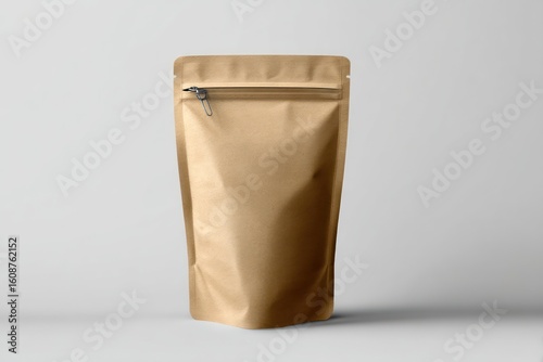Elegant glossy kraft paper pouch with zip lock closure on light stone-colored background.
