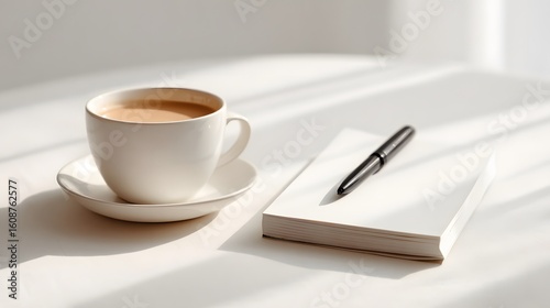 A cup of coffee on a white table with a notebook and pen in sunlight.