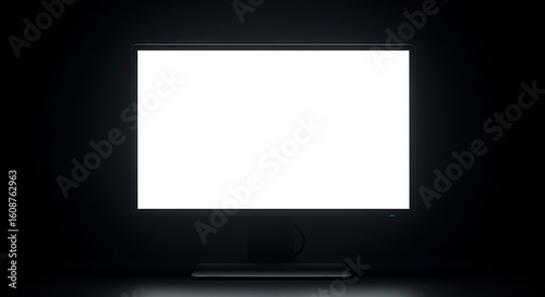 A computer monitor displays a bright white screen against a dark background, creating a stark contrast. The monitor is centered, illuminating the surrounding area.