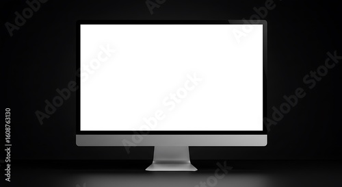 A modern silver computer monitor with a blank white screen is centered against a dark, gradient background.