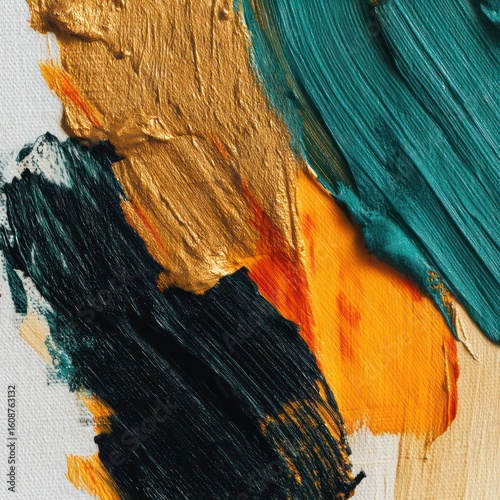 High-resolution abstract banner with gold, teal, and black paint strokes on canvas backdrop.