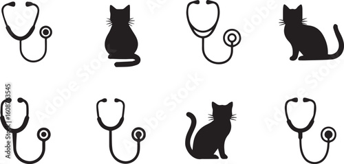 Cat with stethoscope black silhouette icon set, vector illustration