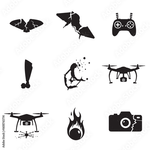 Collection of iconographic illustrations featuring drones and related elements in a rustic style