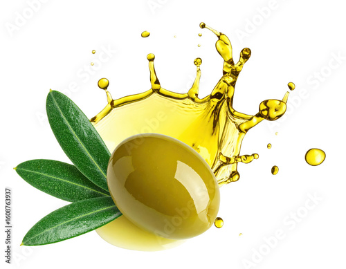 PNG premium extra virgin olive oil fruit with splash and leaves on white