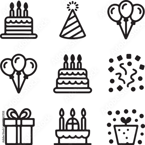 Collection of Birthday Party Icons in Black and White Featuring Cake Balloons Gift Confetti and Party Hat Suitable for Celebrations and Event Designs