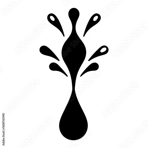 Stylized Ink Drop Splatter with Upward Emanations in Solid Black on White