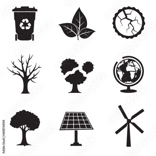 Eco friendly icons illustrating recycling green energy and environmental conservation elements