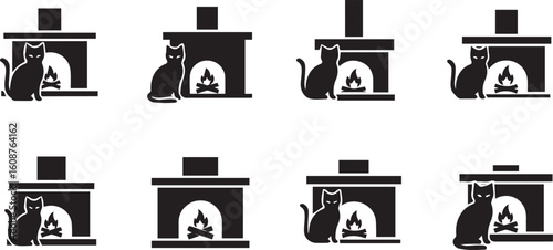 Cat sitting by fireplace black silhouette icon set, vector illustration