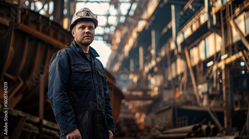 dedicated maritime engineer wearing a navy-blue jumpsuit and a safety helmet, standing confidently in a bustling shipyard. 