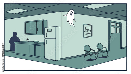 Illustration of an office space with a ghost, chairs, cabinets, and a silhouette of a person present