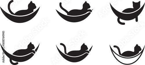 Cat relaxing in hammock black silhouette icon set, vector illustration