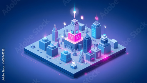 Isometric smart city infrastructure with glowing digital connections, symbolizing modern technology and data.