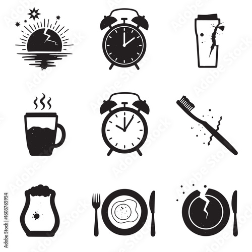 Hand-drawn illustrations of morning rituals breakfast and daily life objects in black and white
