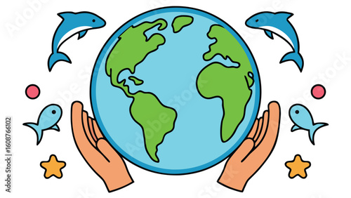 Cartoon flat earth held by hands with marine creat