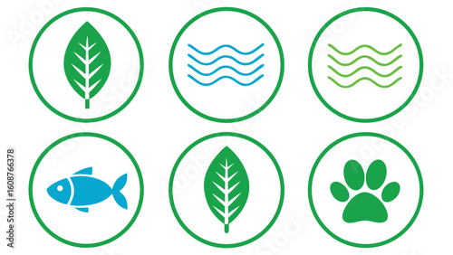 Flat icon set of 4 eco symbols leaf wave fish.