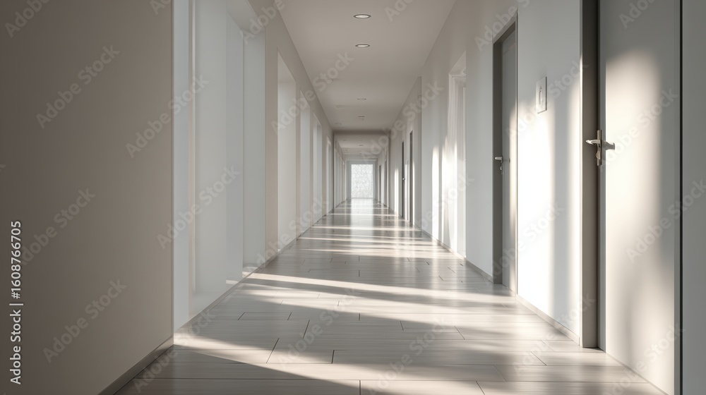 Fototapeta premium A modern hallway with natural light streaming through doors, creating a serene and spacious atmosphere.