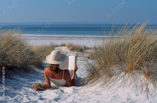 A woman wearing a beach hat is lying on the sandy shore of an empty, white sand beach, reading a book with her back to the camera