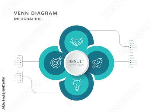 Venn diagram infographic chart template for business 4 parts, options. Can be used for presentation workflow layout, banners, processes, diagrams, flow charts, infographics.
