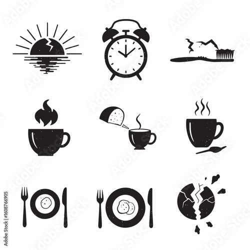 Set of breakfast and morning routine icons in simple black and white graphic style