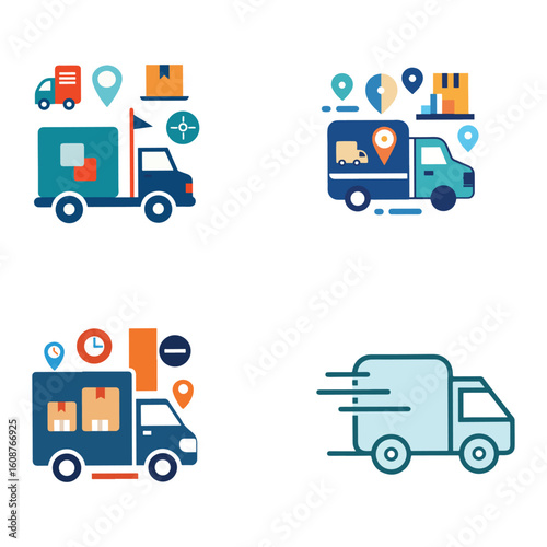 Delivery Truck Icon Set Featuring Different Transportation Methods and Logistics Solutions Represented in a Clean Graphic Style