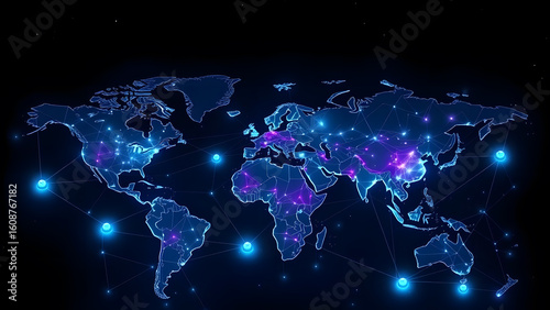 Abstract visualization of global technology network with glowing map and interconnected data points.