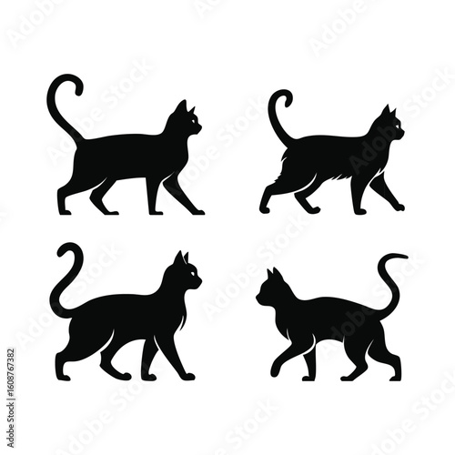 Four Elegant Black Cats Silhouettes In Profile Walking Gracefully
