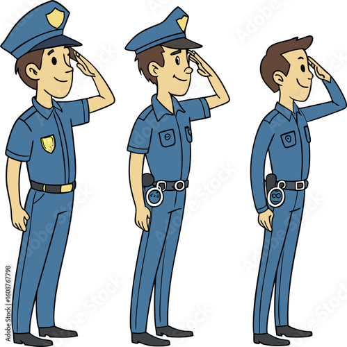 Smiling officers in crisp blue uniforms stand at attention, offering a respectful salute. Evokes themes of law, order, and public service with a friendly, approachable style.