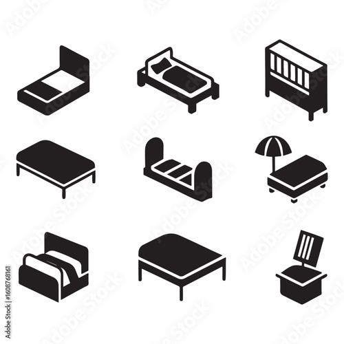 Isometric Black and White Bed Icon Set Showing Furniture Styles Including Beds Daybeds Cribs and Chaise Lounges