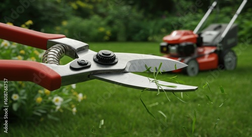 Wallpaper Mural Garden shears are shown in the foreground cutting grass with a lawnmower in the background Torontodigital.ca