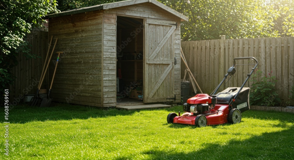 Fototapeta premium Garden shed and mower on a sunny day