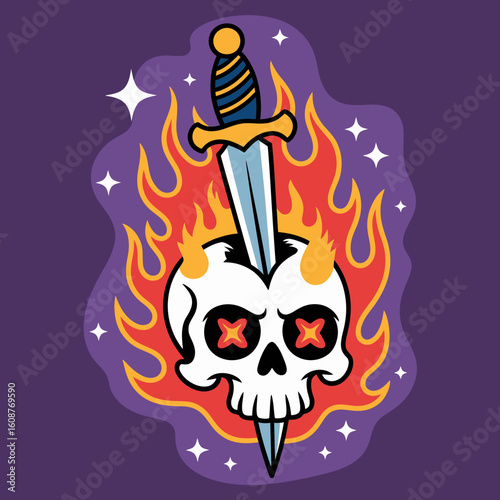 Skull and Dagger with Fire and Stars