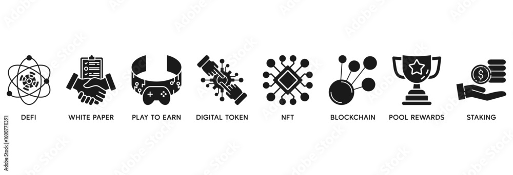 Fototapeta premium Gamefi icon set vector illustration concept relate to defi, white paper, play to earn, digital token, nft, blockchain, pool rewards and staking