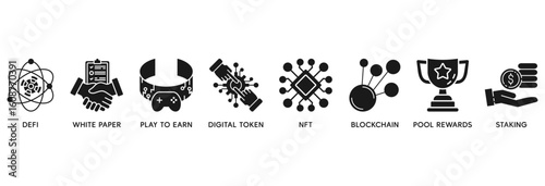 Gamefi icon set vector illustration concept relate to  defi, white paper, play to earn, digital token, nft, blockchain, pool rewards and staking