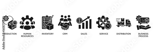 Enterprise resource planning icon set vector illustration concept relate to  production, human resources, inventory, crm, sales, service, distribution, business process