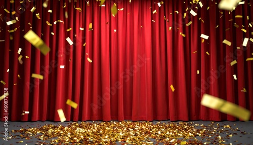 Red stage curtain with golden confetti