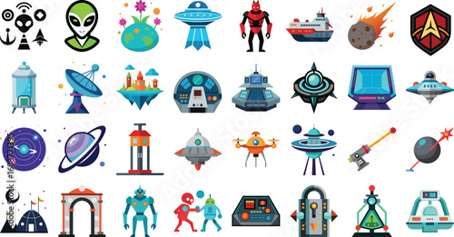 Vector art of a collection of camera and surveillance technology icons isolated on transparent background