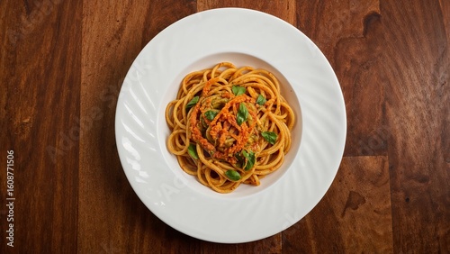 A top down view of spaghetti with red sauce and basil on a white plate on a wooden table surface