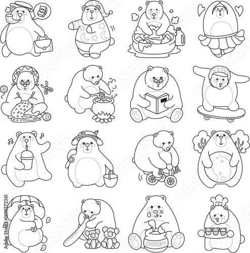 Illustration of cute bear icon.
Funny bear in daily activities elements.
Coloring pages of cute bear icon.
