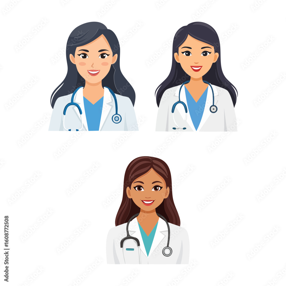 Flat Design Icons of Diverse Female Doctors. deal for themes related to healthcare, medicine, medical staff, health services, and female professionals in the medical field. Flat Design Icons of Diverse Female Doctors. deal for themes related to healthcare, medicine, medical staff, health services, and female professionals in the medical field.