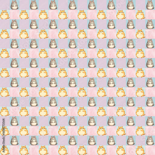 illustration adorable cat, kawaii style with  textiles textures on checkerboard seamless pattern wallpaper background.