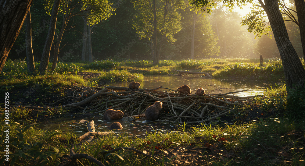 Obraz premium Forest stream sunlight tranquil nature landscape