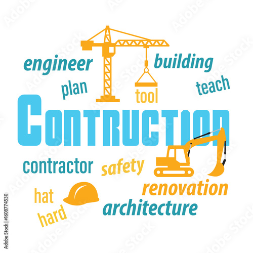 Construction themed word cloud with crane, excavator, hard hat, and related terms in blue and yellow.