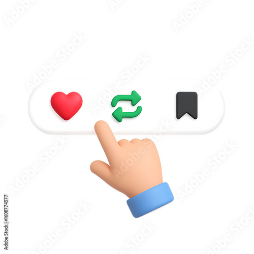 3D illustration of a hand pressing a red heart button on a clean white bar. Minimal floating style for social media and engagement visuals.
