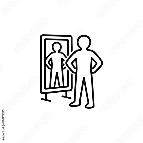 Silhouette of a Person Looking in a Mirror Reflection Standing with Hands on Hips Confidence and Introspection Illustrated