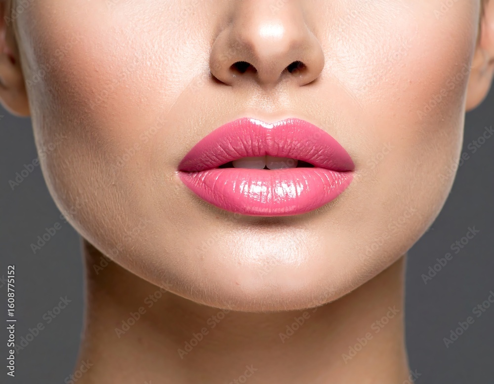 Close-up beauty shot showcasing perfect pink lips and flawless complexion technique Close-up beauty shot showcasing perfect pink lips and flawless complexion technique