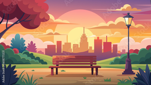 a peaceful scene of a city park at sunset